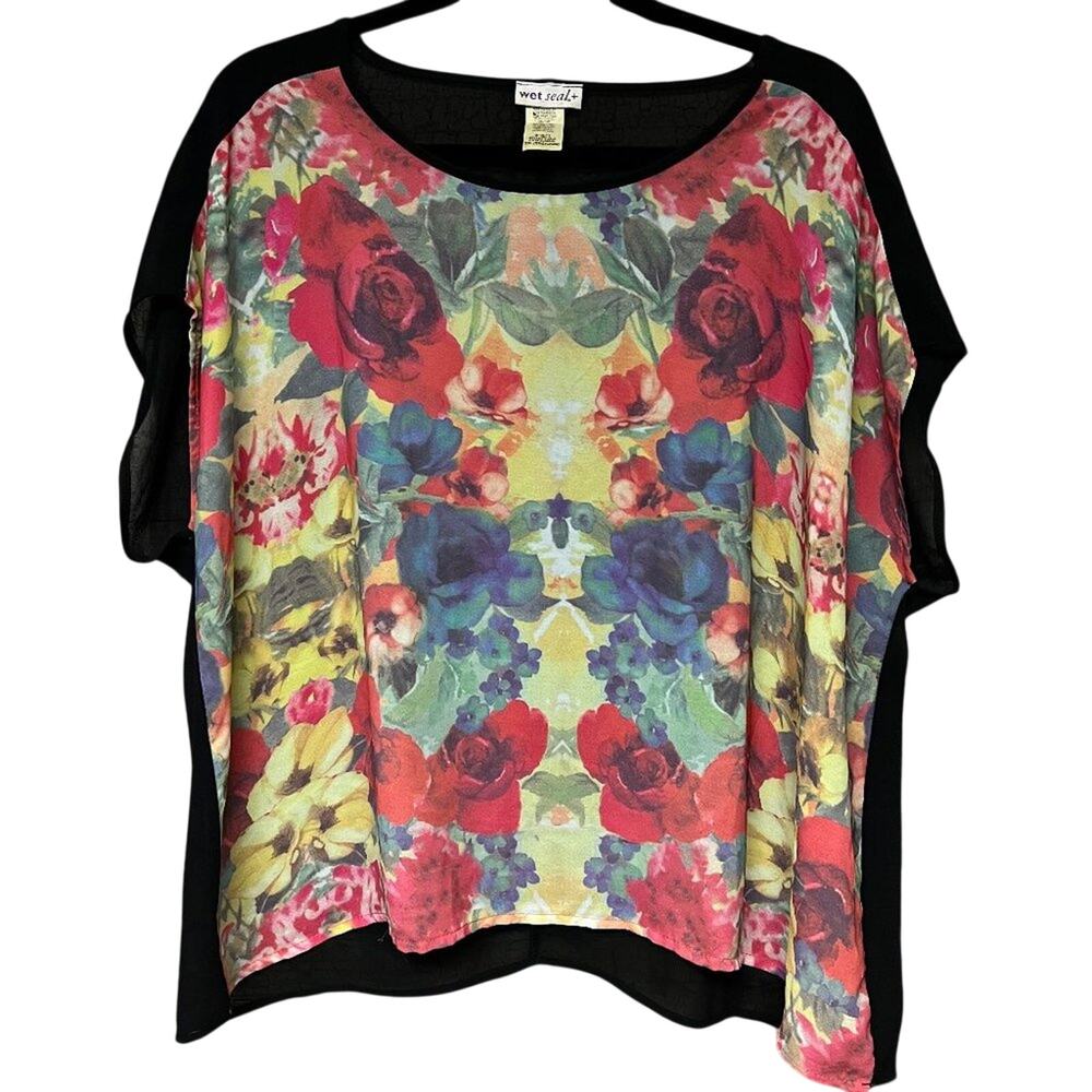 WetSeal+ Juniors Plus Size Sheer Floral Top Black Red Blue Size 2XL Y2K Vintage